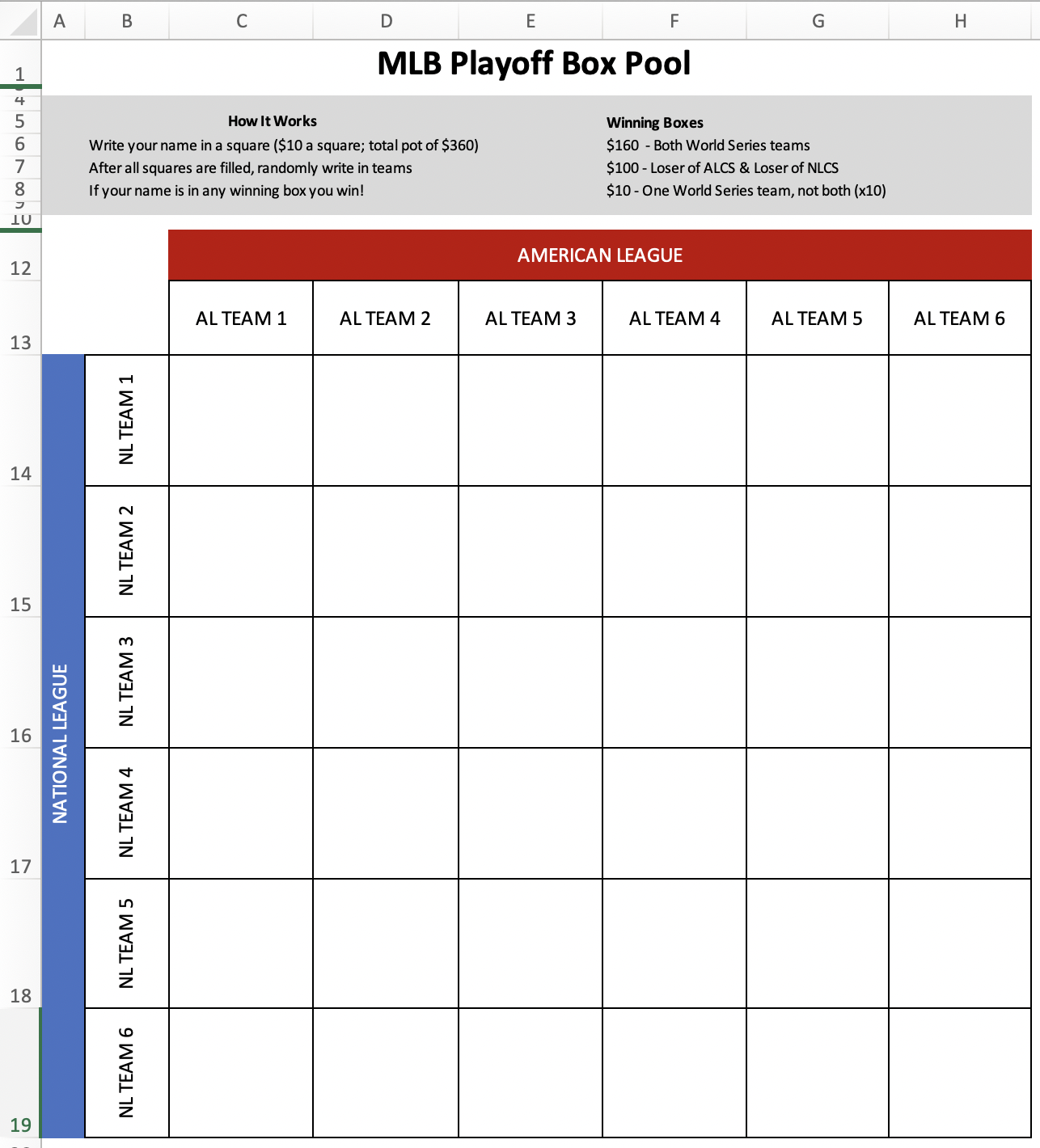 mlb playoff box pool template screenshot